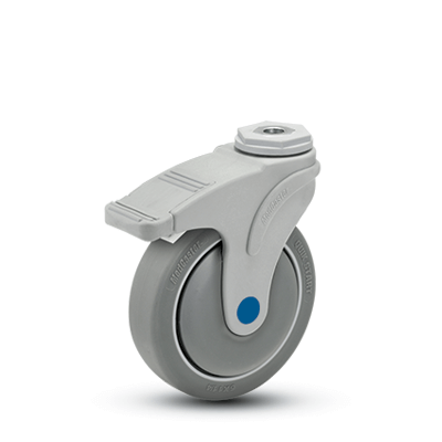 a grey caster wheel with hollow kingpin mounting